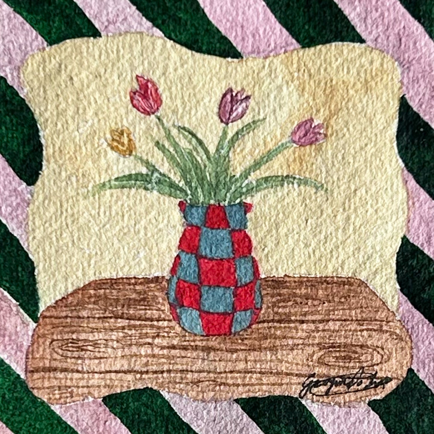 "A Vase of Tulips" Miniature Watercolour